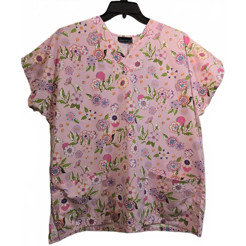 Cherokee Pink Floral Print Medical Scrub Top